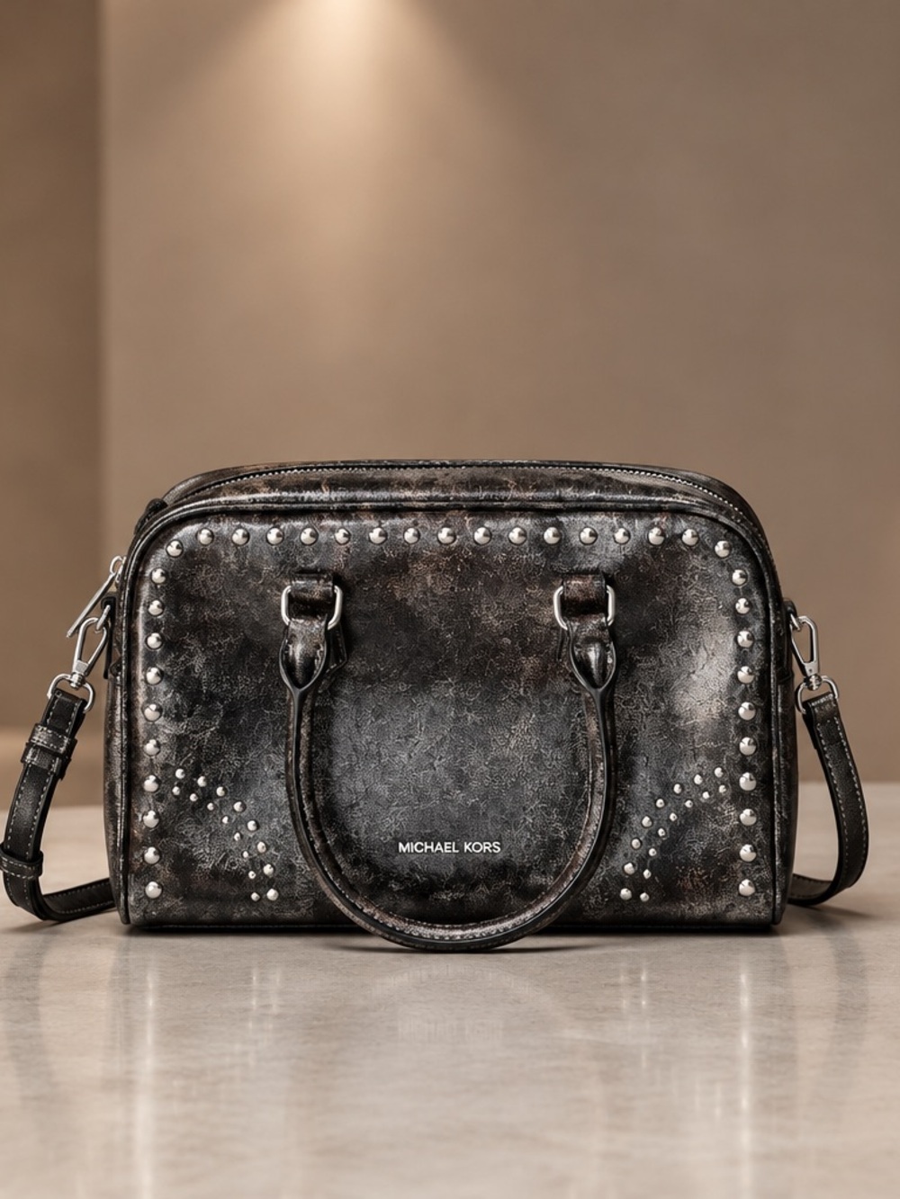Michael Kors Black Studded Leather Dome Satchel